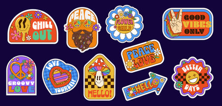 Cartoon hippie groovy label stickers with funny smiles and flowers, vector set. Groovy stickers with trippy smiles and peace sign sunglasses, psychedelic mushrooms, love hearts and good vibes labelsのイラスト素材