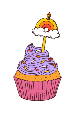 Cartoon groovy birthday holiday party cupcake with candle, vector emoji. Groovy birthday cupcake...