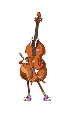 Cartoon groovy violin or cello musical instrument character. Isolated vector fiddle or violoncello y2k personage playing classic music with a bow. Musician equipment with smiling face and funky vibeのイラスト素材