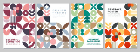 Modern abstract posters with geometric pattern made of circles, petals and angular shapes. Vector...