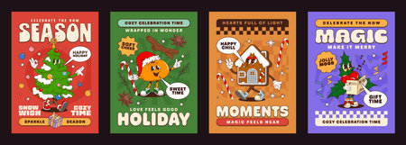 Christmas groovy characters posters, xmas hippie personages. Vector festive holiday cards featuring cartoon y2k decorated tree, gingerbread house, orange in a Santa hat, and holly leaf singing carolsのイラスト素材