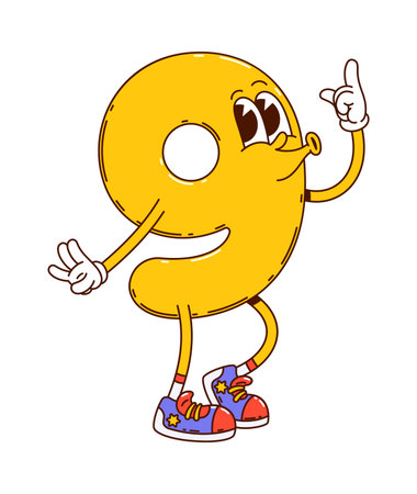 Cartoon groovy math number nine character. Vector funky 9 digit school education personage with big eyes, featuring bold lines and bright yellow color. Numeral figure for children playful learningのイラスト素材