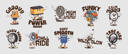 Car spare parts y2k groovy funny stickers with cartoon automotive characters with expressive faces and playful poses. Battery, gear, engine, spark plug and tire patches, garage and mechanic personagesのイラスト素材