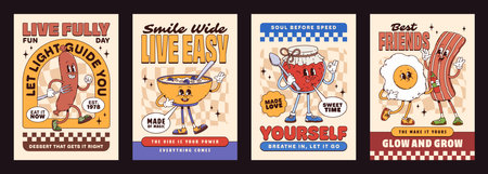 Breakfast food groovy characters posters with cute breakfast retro personages like sausage, cereal bowl, jam jar, bacon, and egg sharing positive messages about living fully, self love and friendshipのイラスト素材