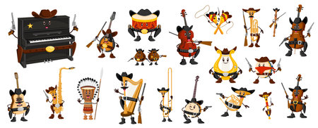 Cartoon western cowboy and bandit musical instrument characters. Banjo, mandolin, violin, double bass and cello. Harp, lyre, drum, bongo and maracas. Trombone, trumpet, French horn, sax and clarinetのイラスト素材