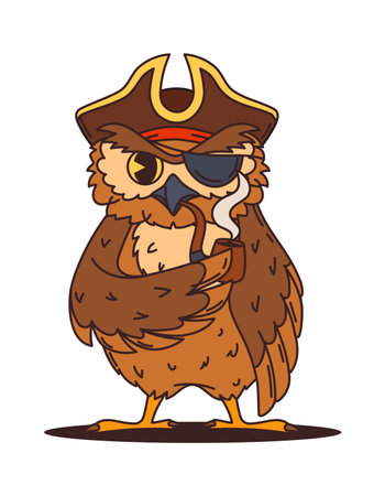 Cartoon owl pirate of corsair ship crew animal character, vector personage. Funny owl in captain tricorne cocked hat, sailor eyepatch and smoking pipe as Caribbean corsair or seaman characterのイラスト素材