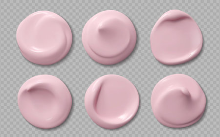 Pink foundation cream swatch for cosmetic and skincare makeup, vector realistic texture Glossy and matte pink foundation cream swatch set of cosmetic concealer or skin blush smudge and lip glossのイラスト素材