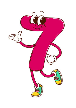 Cartoon groovy number seven character. Isolated vector playful and funky 7 figure with big round eyes, a cheerful smile, and purple body. Mathematics numeric personage for kids school educationのイラスト素材
