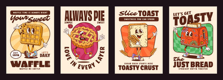 Groovy pastry and bakery characters posters. Vintage cartoon cards featuring cheerful food personages like waffle, pie, toast and toaster with expressive faces, evoke a playful, nostalgic bakery vibeのイラスト素材