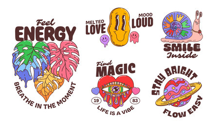 Groovy hippie characters stickers or t shirt prints with motivational phrases. Psychedelic drippy heart, cosmic planet, rainbow monstera leaves, trippy snail and surreal face with retro whimsical vibeのイラスト素材