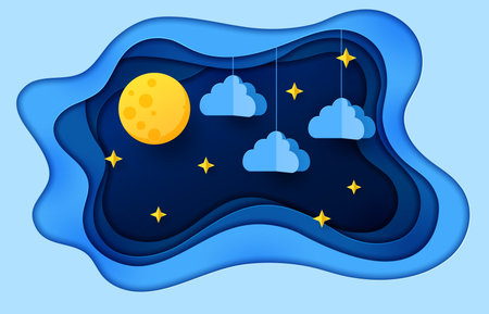 Paper cut night sky with stars and clouds. Night dream and sleep paper cut vector concept. Yellow full moon, night sky shiny stars and blue clouds hanging on rope papercut background or backdropのイラスト素材