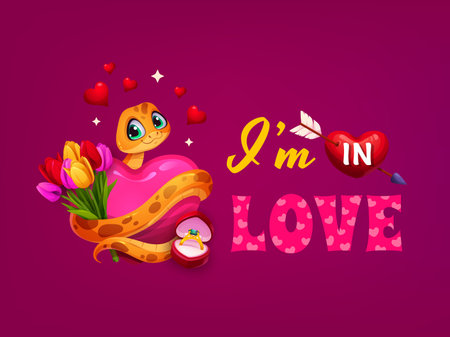 I am in love Valentine day greetings quote with a playful cartoon snake hugging a pink heart, surrounded by tulips, hearts, and a ring box. Vector charming joyful message with an arrow pierced heartのイラスト素材
