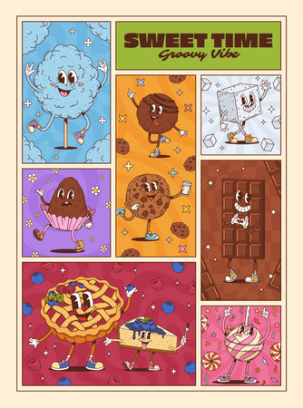 Sweets and dessert groovy character posters, vector retro pastry and confectionery food. Cartoon groovy chocolate bar, fruit pie and cheesecake, cookie, lollipop and sugar characters, bakery postersのイラスト素材