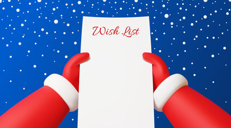 Santa Claus hands in red gloves holding a blank wish list paper, snowflakes fall on a blue background. Cartoon 3d vector father Noel Christmas character holding blank paper wishlist sheet top viewのイラスト素材
