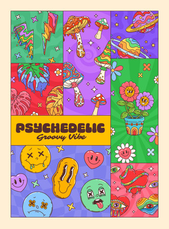 Groovy characters collage poster with psychedelic smiles and mushrooms, vector hippie art. Retro poster with groovy rainbow planets, funky daisy flowers and freaky melting smile emoji and heartsのイラスト素材