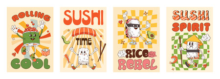 Groovy japanese sushi and roll character posters. Retro y2k funny asian cuisine food vector posters of cartoon groovy nigiri, gunkan and onigiri sushi characters with chopsticks, salmon and avocadoのイラスト素材