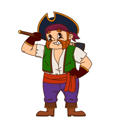 Caribbean pirate or corsair cartoon groovy character in captain tricorne hat, vector personage. Caribbean pirate sailor or boatswain corsair and filibuster man with angry grim smile and ax hatchetのイラスト素材