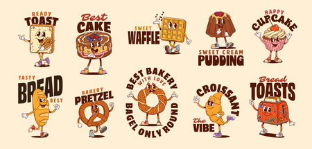 Y2k groovy bakery and dessert stickers. Cartoon vector personages of pastries and confectionery with expressive quirky faces, including toast, cake, waffle, pudding, pretzel, bagel or croissant treatsのイラスト素材