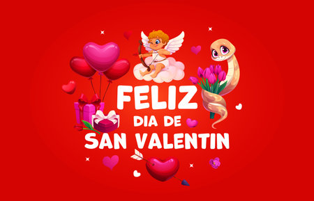 Feliz dia de San Valentin spanish quote with cartoon Cupid and snake characters. Valentine Day love holiday card vector typography with funny cherub aiming heart balloons and gifts with arrowのイラスト素材