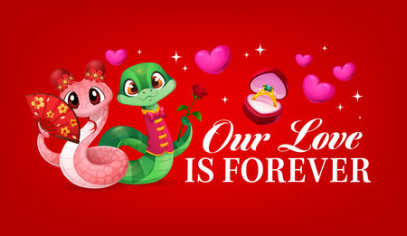 Our love is forever happy valentine's day quote greeting card. Saint Valentine holiday vector banner, romantic celebration quote poster with snakes Asian characters, engagement ring and typographyのイラスト素材