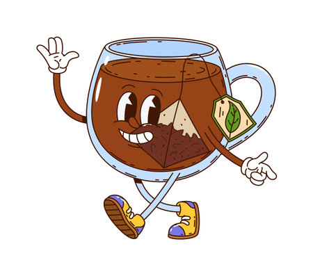 Cartoon groovy tea cup drink character. Isolated vector cheerful teacup retro breakfast personage with teabag and hippie sneakers, exuding nostalgic funky vibes. Hot drink mug evokes a sense of joyのイラスト素材