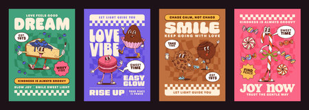 Funny sweets and bakery dessert groovy characters posters with motivational quotes. Playful retro y2k typography and dancing pie, cupcakes, cookies, and candy cane food personages radiate positivityのイラスト素材