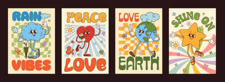 Cartoon retro groovy character posters, cute hippie peace, love and good vibe vector personages. Happy y2k Earth planet, heart, sun and cloud character posters on groovy psychedelic pattern backgroundのイラスト素材