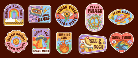 Hippie groovy label stickers, retro patches of vintage psychedelic rainbow, melting eye, UFO and peace symbol. Vector groovy fire, hippie daisy and planet, retro cassette and roller skates stickersのイラスト素材