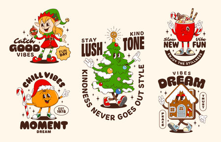 Christmas groovy characters retro stickers and t shirt prints. Vector cartoon funny elf, Xmas tree, gingerbread house, orange and hot drink with candy cane. Festive vector patches with positive quotesのイラスト素材