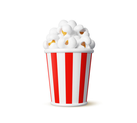 3d movie striped red and white popcorn bucket, cinema pop corn basket with fluffy kernels. realistic Isolated container mock up with snack seeds. Paper box with popcorn for cinema or movie theaterのイラスト素材