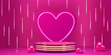 3D Valentine pink podium stage with curtains and heart neon lights, vector platform pedestal. Valentine Day pink podium, neon lights frame in heart shape decoration for love holiday stage backgroundのイラスト素材