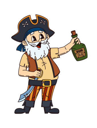 Corsair pirate drunk sailor groovy character. Buccaneer or privateer skipper, pirate captain funny vector isolated personage. Old grey haired pirate character in tricorn hat drinking rum and singingのイラスト素材