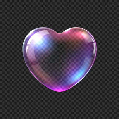 Realistic heart soap bubble shape with glossy surface and rainbow highlights. Valentine holiday transparent heart with rainbow refraction. Realistic 3d vector , symbol of love, romance and magicのイラスト素材