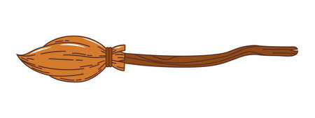 Halloween witch broom, scary vintage 70s groovy sticker or label. Fall season holiday retro hippie sticker, Halloween groovy vector tag. Autumn celebration patch with broom witchcraft symbolのイラスト素材