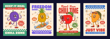 Funny ripe fruits groovy characters posters. Vector cheerful y2k plum, pineapple, apple and mango with friendly faces and motivating slogans, expressing fun, freedom, confidence, and a chill lifestyleのイラスト素材