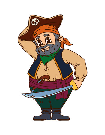 Cartoon pirate crew groovie character in tricorn hat with red beard, weapon, sword and bandana. Corsair captain in funny costume in thoughtful pose with a kind smile and expressive bodyのイラスト素材