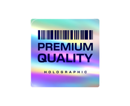 Reflective hologram Y2K premium quality sticker or symbol. Authenticity certificate chrome hologram tag, premium quality vector sticker. Product certification patch with typography and barcodeのイラスト素材