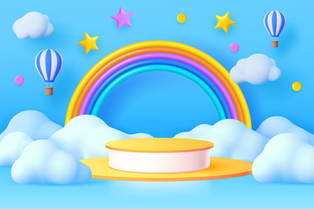 3d kids podium with sky clouds and rainbow, floating hot air balloons and twinkle stars. Cartoon vector background in cute childish toy style with round stage or pedestal under blue cloudy skyのイラスト素材