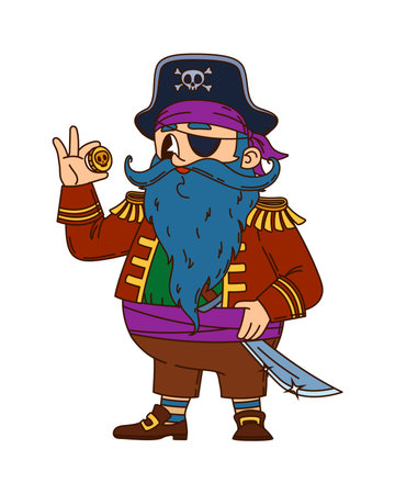 Pirate crew blue beard captain cartoon character. Cheerful pirate mascot, filibuster captain isolated vector personage. Corsair fighter character with long blue hair, holding piaster golden coinのイラスト素材