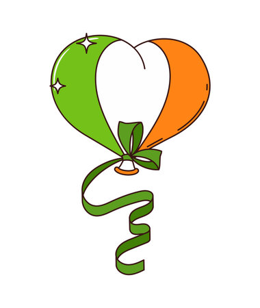 Cartoon St Patrick day groovy balloon in shape of heart with national green, white and orange color stripes. Isolated vector Irish balloon, symbol of luck, celebration and festival in Ireland countryのイラスト素材