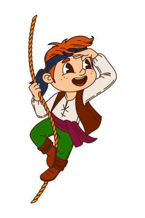 Swinging on rope boy kid pirate sailor cartoon funny character. Corsair boatswain cute mascot, kid pirate crew skipper happy vector character. Filibuster sailor looking in distance boy personageのイラスト素材