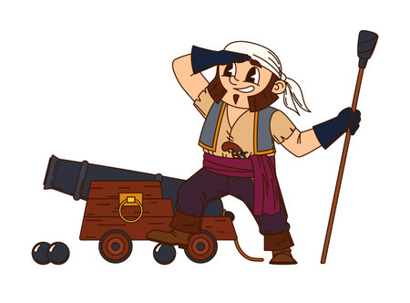 Corsair pirate gunner cartoon cheerful character. Privateer boatswain funny character, pirate fighter happy vector personage. Corsair loading cannonballs, aiming cannon and looking in distanceのイラスト素材
