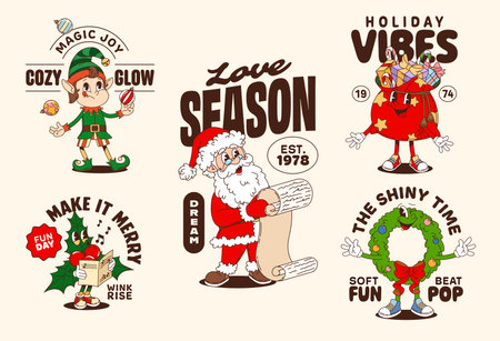 Christmas funny groovy characters retro stickers and t shirt prints. Vector cute vintage Santa Claus, festive elf, gift bag, wreath and holly cartoon personages with holiday quotes and Xmas greetingsのイラスト素材