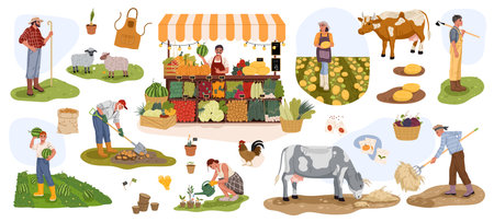Farmer and gardener characters with farm harvest and garden work tools, vector agriculture set. Farmer characters at vegetables market booth, harvesting fruits, at cattle farm pasture or plant fieldのイラスト素材