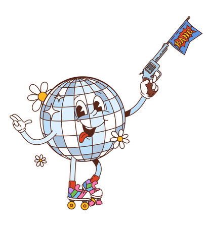 Groovy blue disco ball character rolls on roller skates while sticking out its tongue and holding a gun with flag. Funky retro vector mascot decorated with cheerful daisies and mirror reflectionsのイラスト素材