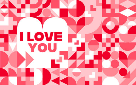 I love you, Valentine day greeting card with geometric pattern, vector background. Valentine day love holiday greeting card with quote and geometric pattern of mosaic heart and flower shapesのイラスト素材