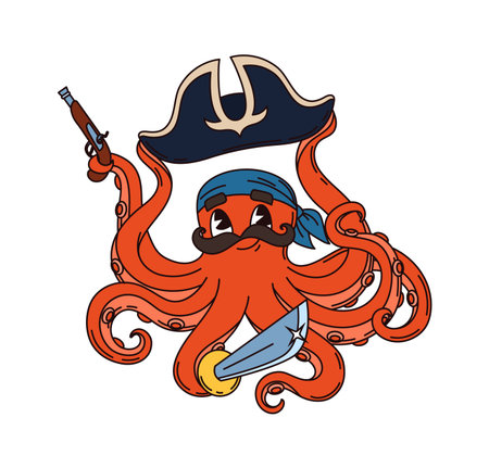 Octopus corsair pirate cartoon adorable character. Ocean underwater animal pirate cheerful vector mascot, octopus corsair pirate cute character with tricorn hat, flintlock pistol and cutlass swordのイラスト素材