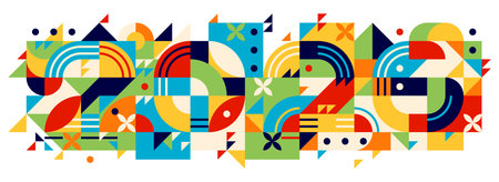 2026 Christmas and new year banner. Vector colorful geometric background made of vibrant abstract shapes, lines and patterns. Bold, playful modern calendar or greeting card in retro contemporary styleのイラスト素材