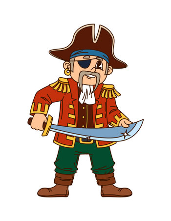 Corsair pirate crew captain with sword cartoon character. Boatswain fighter character, corsair isolated vector personage. Pirate bandit wearing red military suit and tricorn hat, armed with swordのイラスト素材