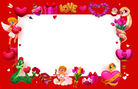Valentine day greeting card frame with cute cartoon cherubs and snake characters proposing with flowers, hearts, balloons, potions and romantic decorations. Vector template for love messages and notesのイラスト素材